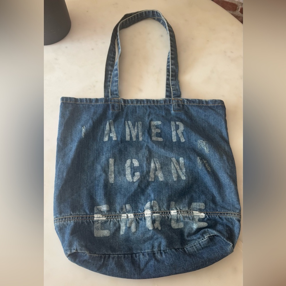 American Eagle Distressed Denim Tote Bag - Picture 1 of 10
